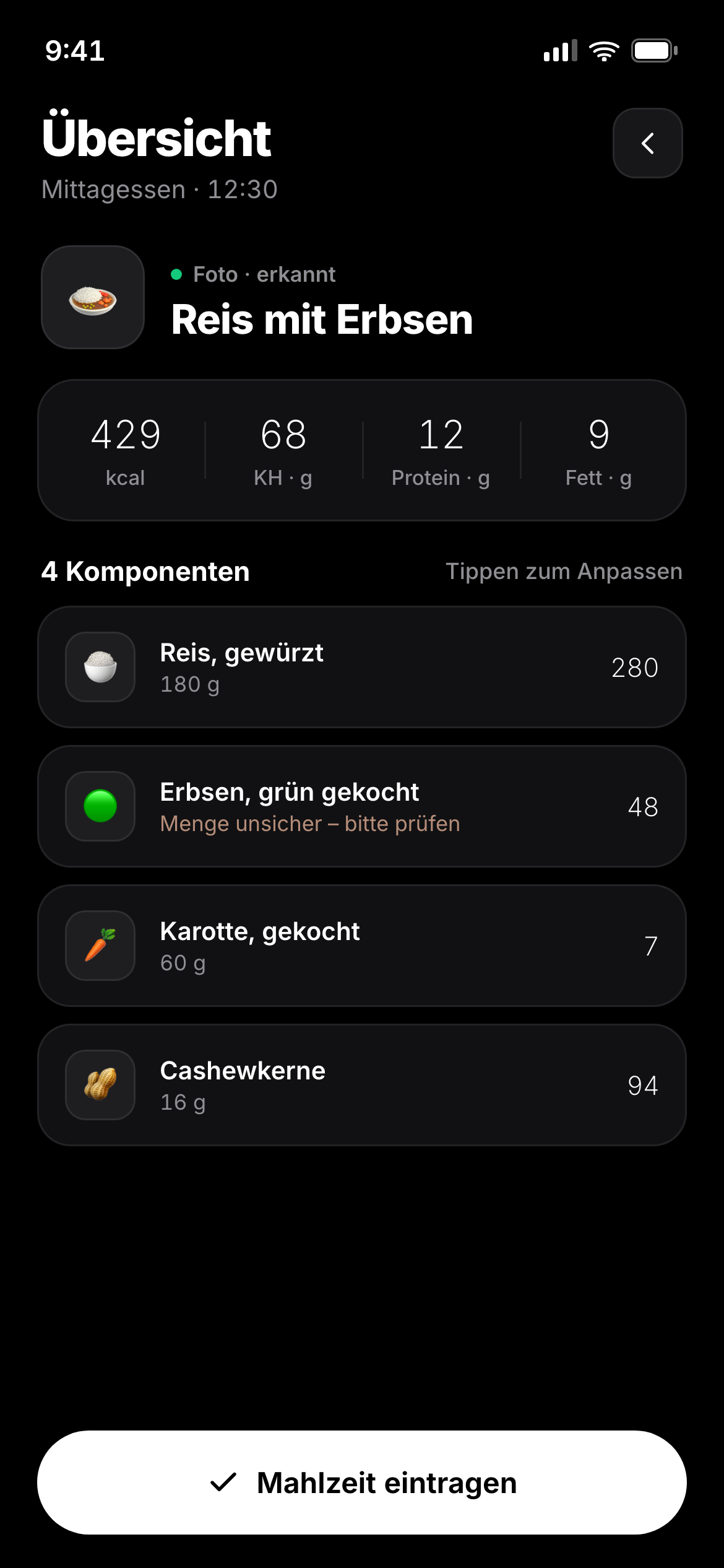 AURA Mahlzeit-Übersicht: per Foto erkannte „Reis mit Erbsen“, 429 kcal, vier Komponenten mit Mengen.